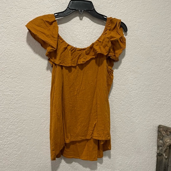 OLD NAVY | COTTON CAMEL FLOUNCE BOHO RUFFLE OFF THE SHOULDER TOP size small - Picture 1 of 6